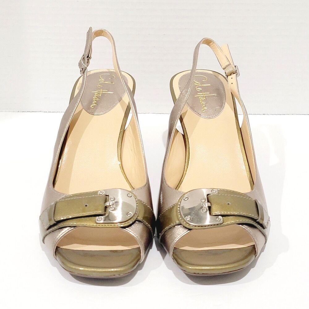 Cole Haan Air Eliana Womens Heels Size 8.5 B Gold Green Open Toe Slingback Pumps